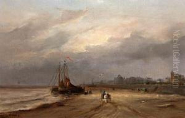 Bomschuiten Op Het Strand Voor De Scheveningse Boulevard Oil Painting by Gerard Van Der Laan