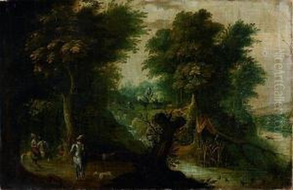 Chasseurs Dans Un Paysage Boise Oil Painting by Jasper van der Lamen