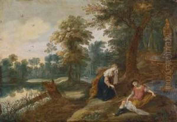 A Landscape With Pyramus And Thisbe Oil Painting by Jasper van der Lamen