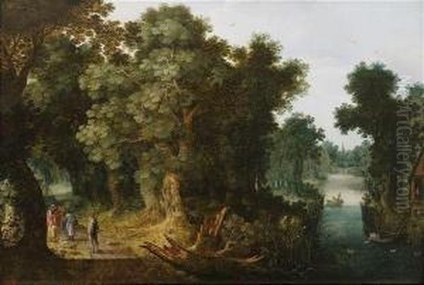 Wooded River Landscape With Travellers On A Path Having Their Fortune Told. Oil Painting by Jasper van der Lamen