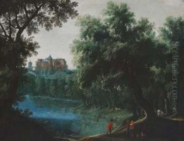 Baumbestandene Uferlandschaft Mit Figurenstaffage Oil Painting by Jasper van der Lamen