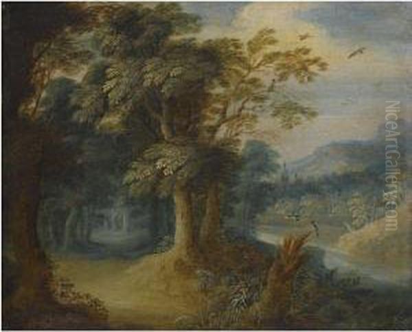 A Bosky Fluvial Landscape Oil Painting by Jasper van der Lamen