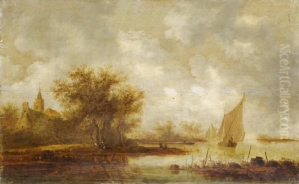 An Extensive Landscape With Boats Oil Painting by Reynier Van Der Laeck