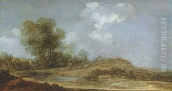 A Wooded Dune Landscape With A Shepherd Herding His Flock Near A Pool Oil Painting by Reynier Van Der Laeck