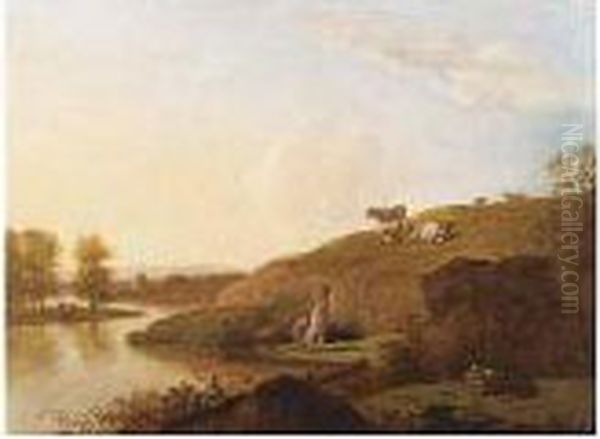 A River Landscape With Bathers Resting Oil Painting by Reynier Van Der Laeck