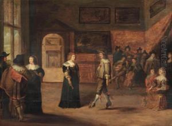 An Elegant Company Dancing And Making Music In An Interior Oil Painting by Christoffel Jacobsz van der Lamen