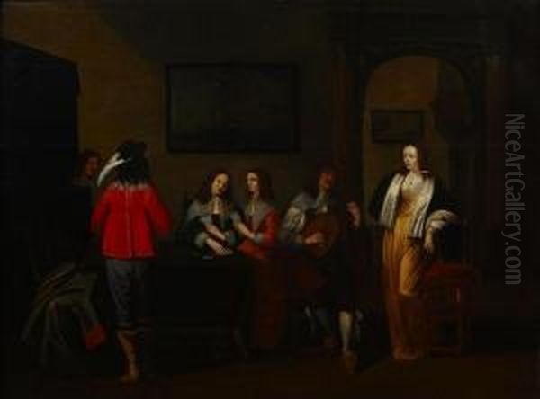 Figures In An Interior Oil Painting by Christoffel Jacobsz van der Lamen