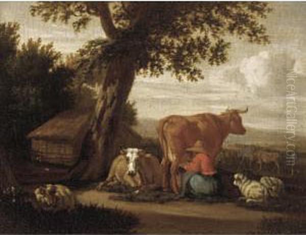 A Landscape With A Shepherdess Milking A Cow Oil Painting by Pieter Van Der Leeuw