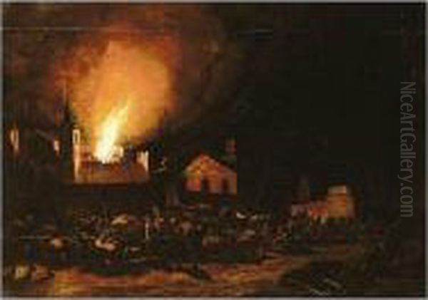 An Inferno In A Town At Night, With Townspeople Fleeing Oil Painting by Pieter Van Der Leeuw