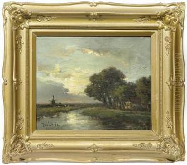 Dutch Landscape With River And Mill. Oil Painting by Jan Van Der Linde