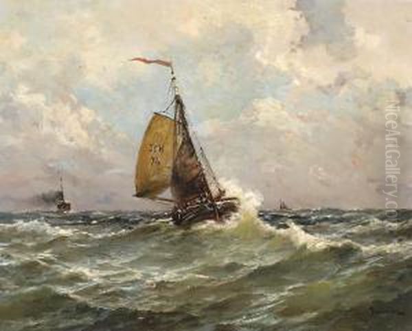 A Pink From Scheveningen At Sea Oil Painting by Jan Van Der Linde