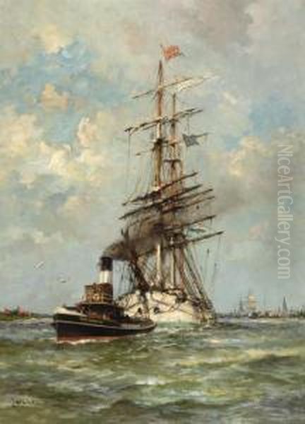 Tall-ship On The Ij At Amsterdam Oil Painting by Jan Van Der Linde