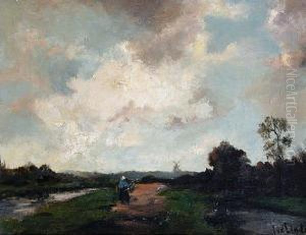 A Figure Walking Beside A Canal Oil Painting by Jan Van Der Linde