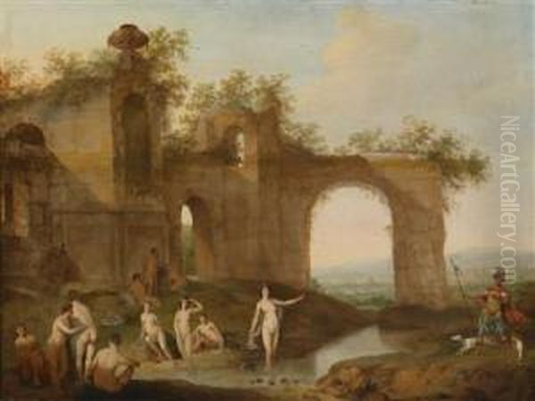 A Landscape With Ruins And Diana Andactaeon Oil Painting by Dirck Van Der Lisse