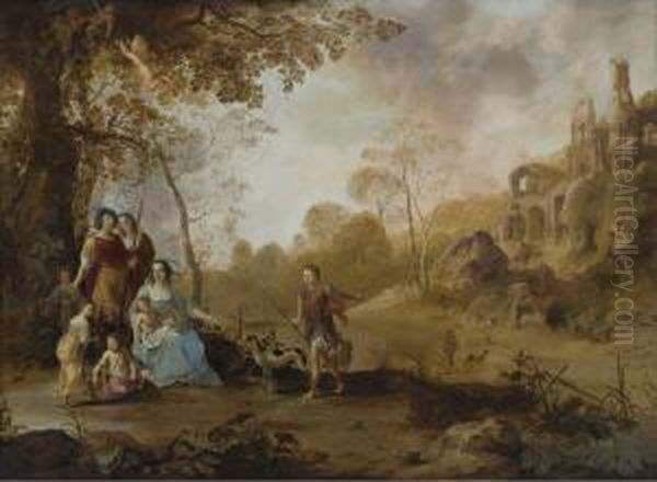 An Allegorical Family Portrait In A Landscape Oil Painting by Dirck Van Der Lisse