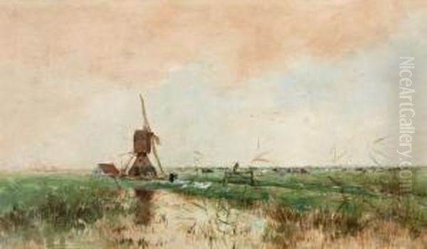 Molen In Polderlandschap Met Op De Voorgrond Een Bleekveldje Oil Painting by Marinus Van Der Maarel