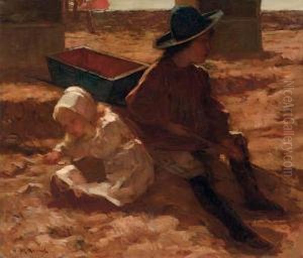 Children Playing On The Beach Oil Painting by Marinus Van Der Maarel