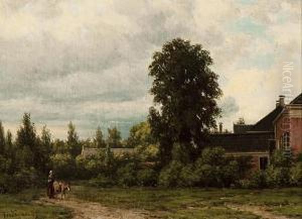 Woman With Donkey By A Farmstead Oil Painting by Jacob Jan van der Maaten