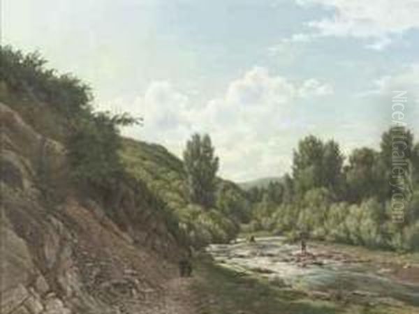 By A River Oil Painting by Jacob Jan van der Maaten