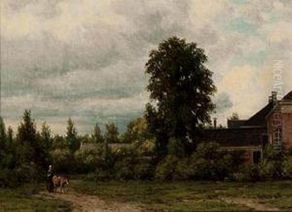 Woman With A Donkey By A Largefarmstead Oil Painting by Jacob Jan van der Maaten