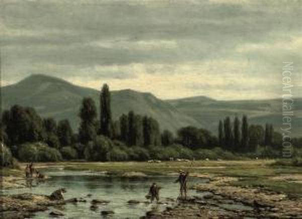 Crossing The Creek Oil Painting by Jacob Jan van der Maaten