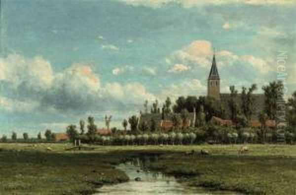 Dutch Polder Landscape With A Village Beyond Oil Painting by Jacob Jan van der Maaten