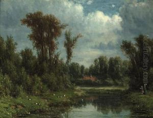 Elegant Figures Near A Pond In Summer Oil Painting by Jacob Jan van der Maaten