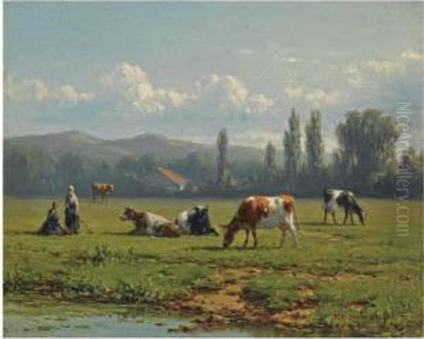 Cows In A Summer Landscape Oil Painting by Jacob Jan van der Maaten