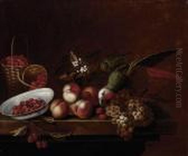 Nature Morte Au Perroquet, Aux Fraises Et Aux Raisins Oil Painting by Barend or Bernardus van der Meer