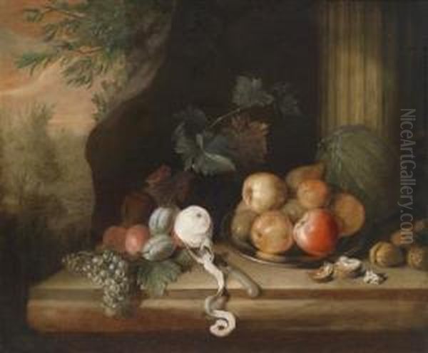 A Still Life Of Fruit Against A Landscapebackdrop Oil Painting by Barend or Bernardus van der Meer