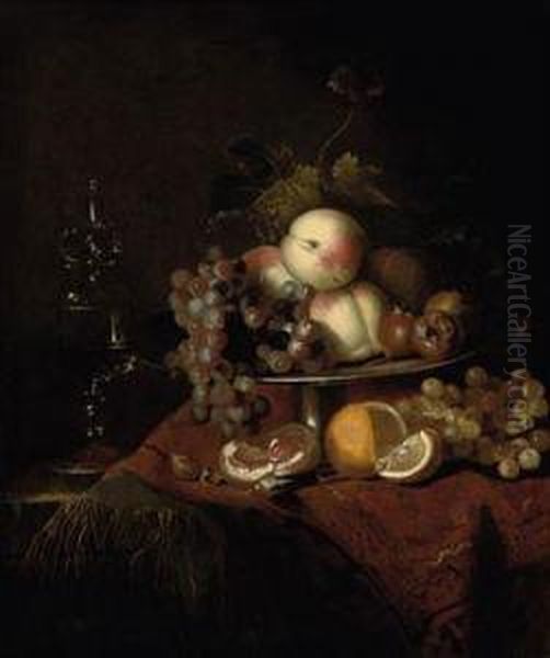 Peaches, Grapes And Pomegranates On A Plate, A Sliced Orange Andwalnuts On A Partly Draped Table With A Wine Glass Oil Painting by Barend or Bernardus van der Meer