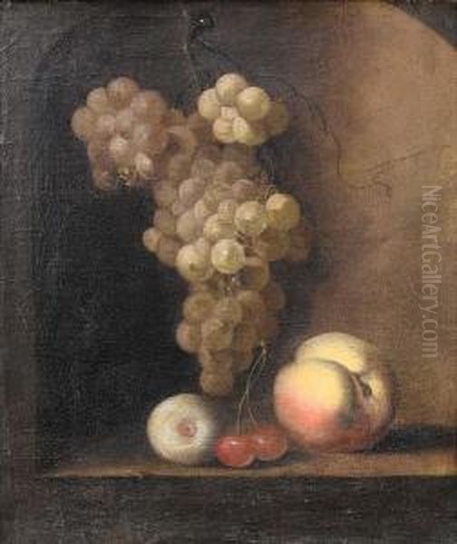 Grapes, Cherries, A Peach And An Apple On Atable Top Within A Stone Niche Oil Painting by Barend or Bernardus van der Meer