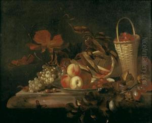 Nature Morte Aux Panier De Fraises, Plat De Peches Et Raisin Sur Un Entablement De Marbre Oil Painting by Barend or Bernardus van der Meer