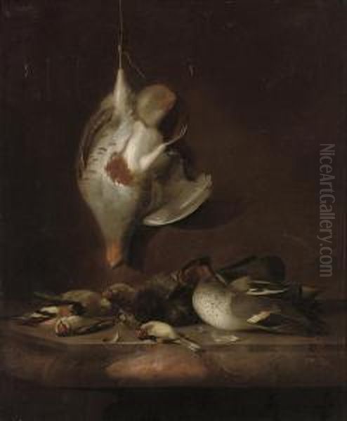 A Partridge Hanging On A Wall, And A Teal, A Yellowhammer, Finches And Other Birds On A Marble Ledge Oil Painting by Barend or Bernardus van der Meer