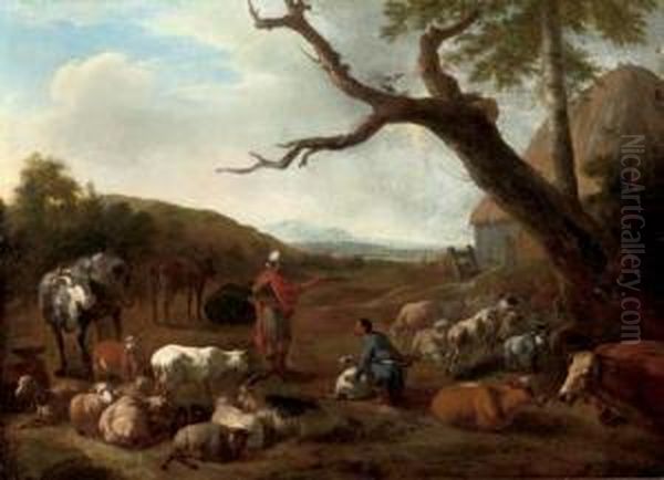 An Italianate Wooded Landscape With The Departure Of Jacob And Laban Oil Painting by Jan van der Meer