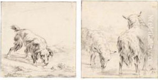 A Pair Of Studies Of Drinking Animals: A Dog, And Two Sheep Oil Painting by Jan van der Meer