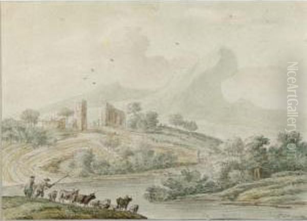 A Hilly River Landscape With Herdsmen And Their Cattle Oil Painting by Jan van der Meer