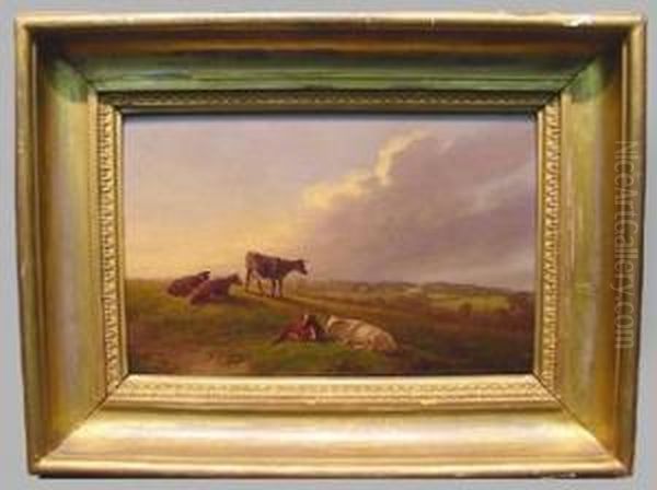 Cattle On A Hillside Oil Painting by Jan van der Meer