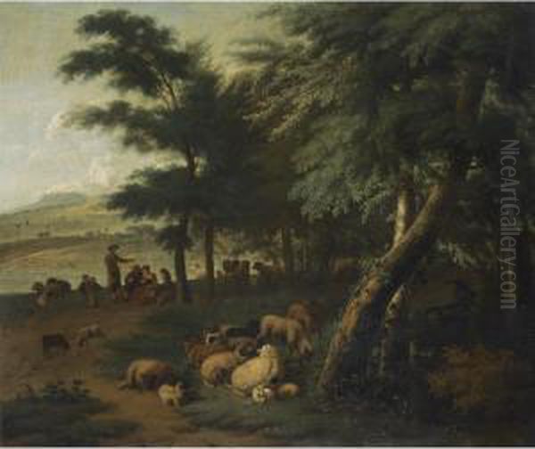 Shepherds Resting With Their Flock At The Edge Of A Wood Oil Painting by Jan Vermeer Van Delft