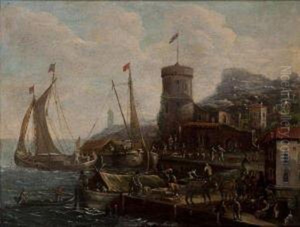 Port Mediterraneen Anime Oil Painting by Jean Baptist Van Der Meiren