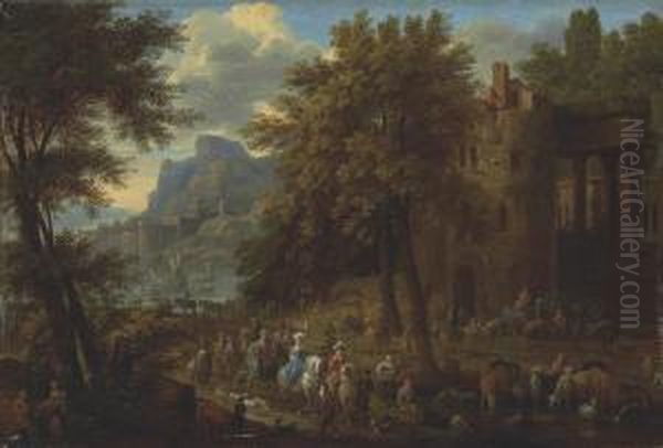 A Wooded Landscape With An Elegant Company Passing Througharchitectural Ruins Oil Painting by Jean Baptist Van Der Meiren