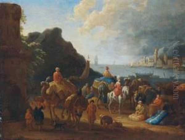 Ein Sudlicher Seehafen Mit Orientalisch Gekleideten Oil Painting by Jean Baptist Van Der Meiren