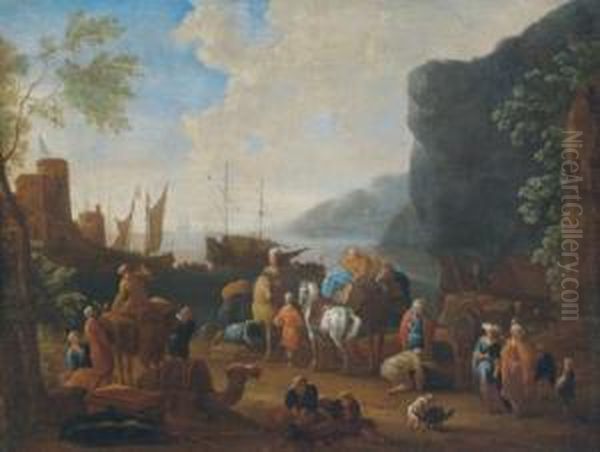 Ein Sudlicher Seehafen Mit Ankernden Schiffen Oil Painting by Jean Baptist Van Der Meiren