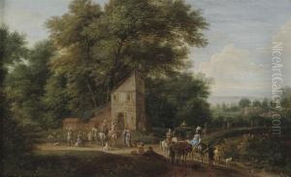 A Wooded Landscape With Elegant Company On Horseback Oil Painting by Jean Baptist Van Der Meiren