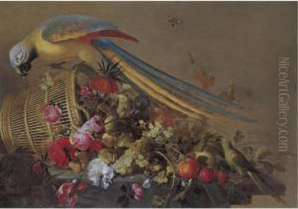 Still Life With An Overturned Basket On A Partly Draped Table, With Grapes, Plums, Oranges, Various Flowers, A Parrot And A Parakeet Oil Painting by Jacob Fransz. Van Der Merck