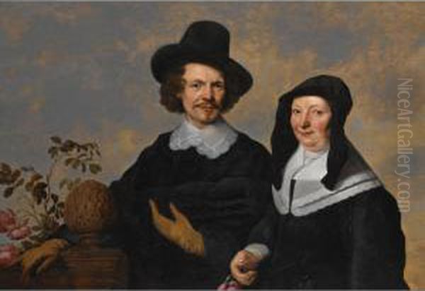 Jacob Fransz. Van Der Merck 
 

 
 A Portrait Of A Gentleman, Bust Length, Wearing A Black Suit With A White Lace Collar And A Black Hat, Together With His Wife, Bust Length, Wearing A Black Dress With A White Lace Collar And A Oil Painting by Jacob Fransz. Van Der Merck