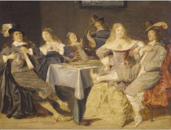 An Elegant Company In An Interior Drinking, Smoking And Merrymaking Oil Painting by Jacob Fransz. Van Der Merck