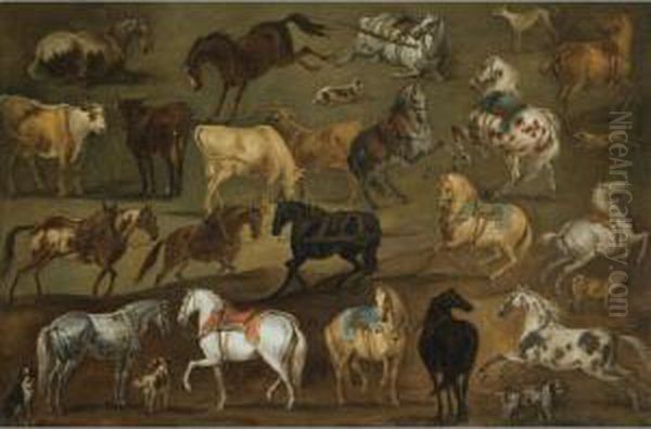 Studies Of Horses, Cows And Dogs Oil Painting by Adam Frans van der Meulen