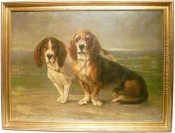 Deux Bassets Oil Painting by Edmond Van Der Meulen