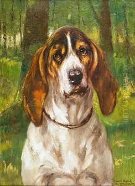 Basset Hound In A Forest Oil Painting by Edmond Van Der Meulen